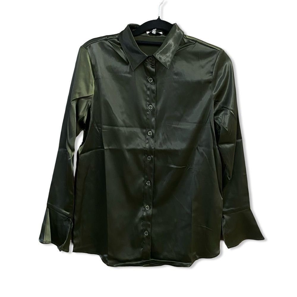 NWT Remi x Revolve Serena button up satin shirt olive green blouse Plus 0X - Picture 3 of 12